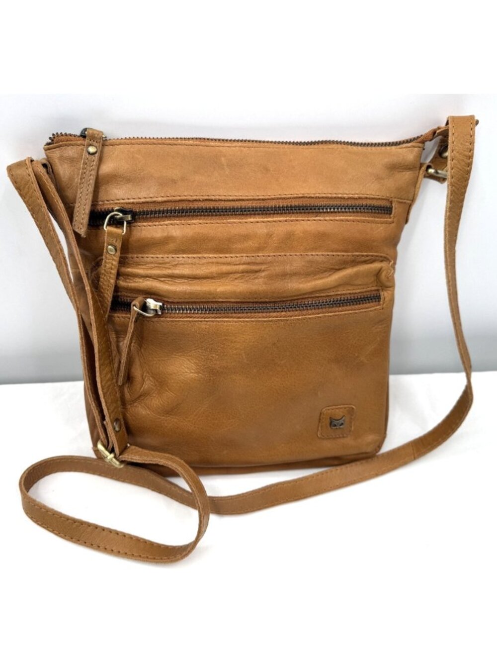 Wise Owl Cognac Light Brown Soft Luxurious Leather Crossbody Purse Bag Handbag
